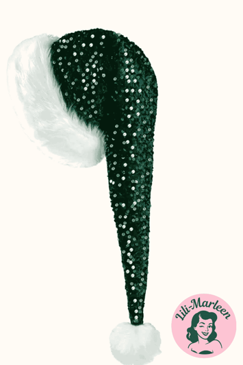 Nissehue – Emerald Glam – Glitrende julehue i mørkegrøn pailletstof