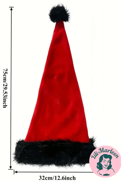 Nissehue – Lang model med sort fuskepelskant (75 cm)