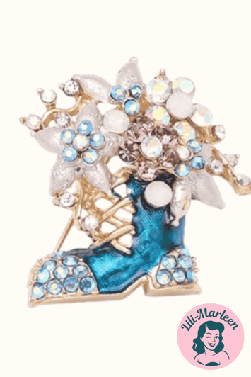 Jule broche - julestøvle med blomster og glitrende sten, blå