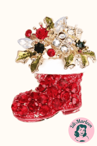 Jule broche - julestøvle med blomster og glitrende sten, stor