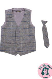 Vestsæt; Niels grå med blå tern - flot vestsæt i 2 dele
