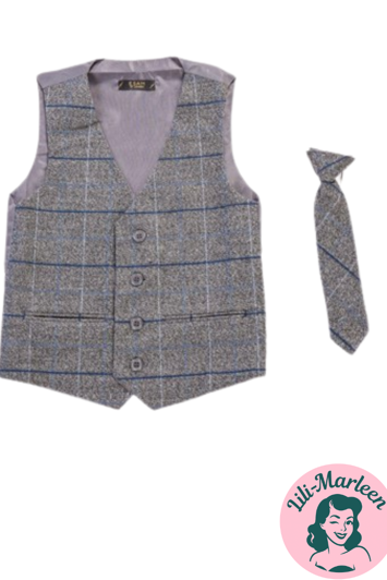 Vestsæt; Niels grå med blå tern - flot vestsæt i 2 dele