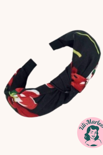 Bred hårbøjle med knude, sort med blomster