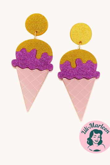 Øreringe - store sjove øreringe, isvaffel (guld/pink)