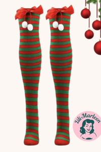 Knæsokker - Knæsokker - juleknæstrømper - rød/grøn med sløjfe og hvide kvaster