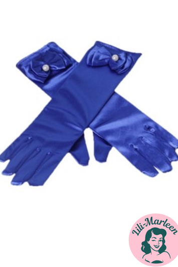 Lange satin festhandsker til børn, blå - lange handsker med sløjfe og perle 