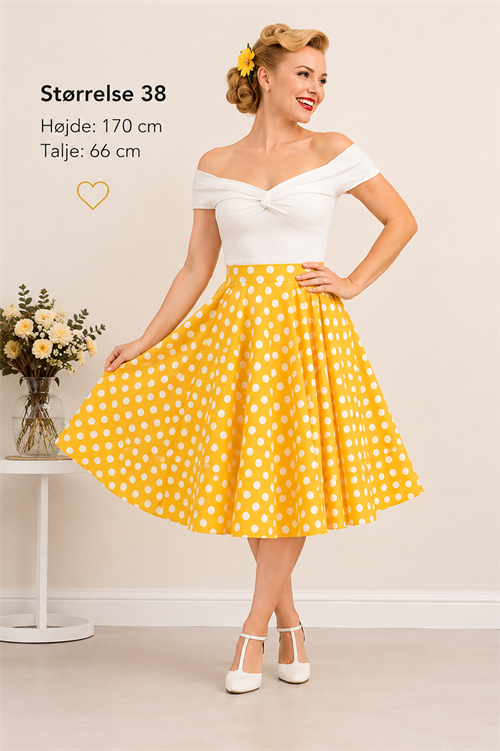 Polka Dot Yellow – Klassisk Vintage Nederdel med Hvide Polkaprikker
