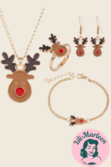 Julesmykkesæt: Halskæde, øreringe, armbånd og ringe med Rudolf