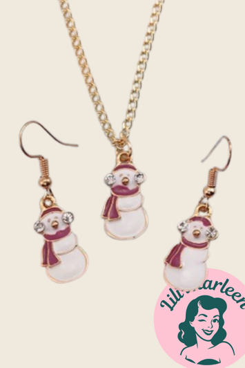 Julesmykkesæt: snemænd - sød halskæde og øreringe med snemænd med tørklæde og sten