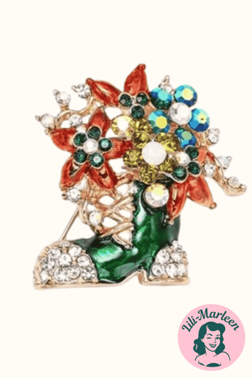 Jule broche - julestøvle med blomster og glitrende sten, grøn