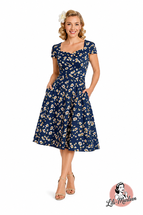 Miss Blue Blossom Vintagekjole med blomsterprint i marineblå