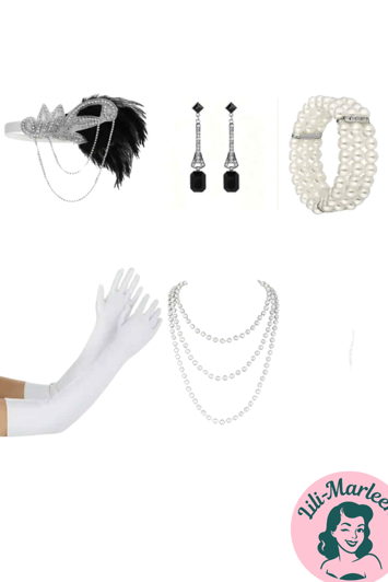 1920’er Charleston Tilbehørssæt, sølv/hvid – Glamour & Vintage Elegance