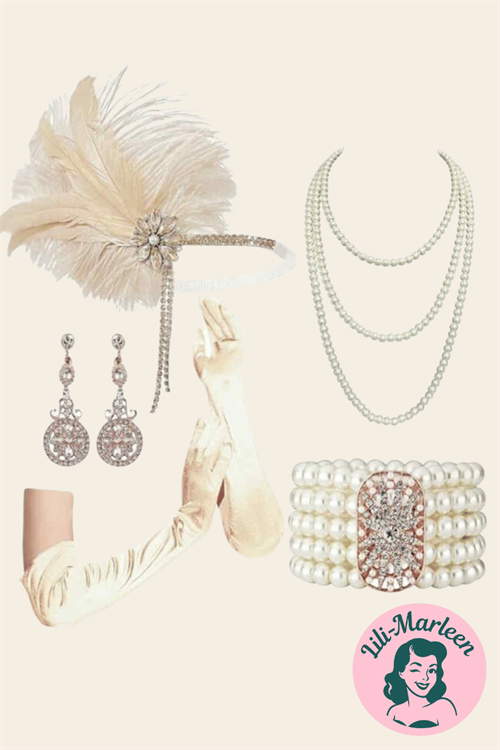 Ivory Champagne Flapper Set – 1920’er Elegance i Perler, Fjer og Blød Glamour