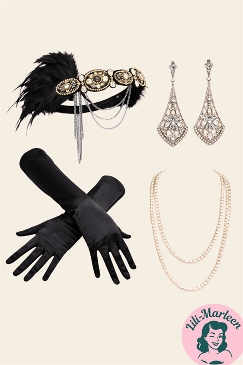 Midnight Flapper Set – 1920’er Accessories med Fjer, Perler og Glam