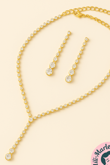Prom Princess, guld – Smykkesæt med halskæde og øreringe i funklende klar sten