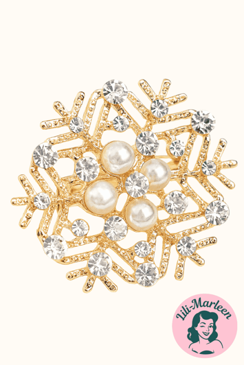 Broche - Snefnug i guld med perler og glitrende sten