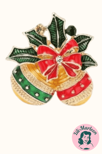 Jule broche - 2 julekugler med pynt og sløjfe med en glitrende sten