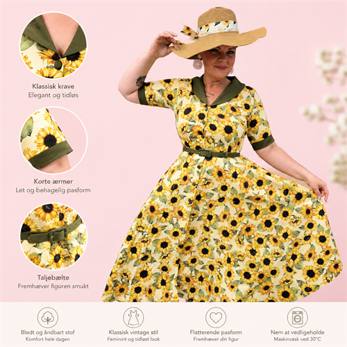 Sunflower Gold  Eksklusiv Vintage Swingkjole med Solsikker