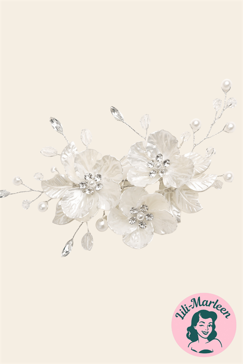 Hårkam i Hvid med Blomster, Perler og Rhinsten – Let, Romantisk Elegance
