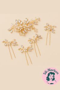 Hårkam og hårnåle: Smuk hårkam med 4 store hårnåle med perler og sten, guld
