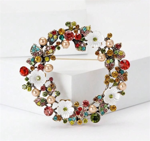 Broche – Blomsterkrans med Flerfarvede Krystaller og Perler (Stor)