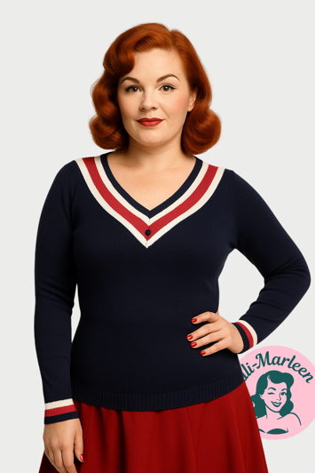 Strikbluse: Numa - Navyblå strik bluse med røde/jhvide detaljer