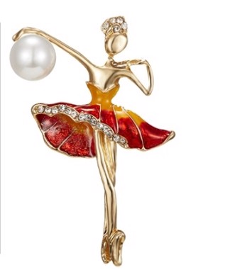 Broche - Dansende ballerina med perle, rød 