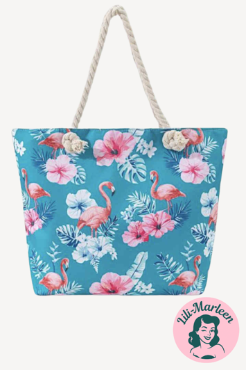 Flamingo Breeze – Blomstrende strandtaske med tropisk sjæl og hvid bagside