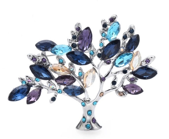 Broche - livets træ, med sten blå/lilla nuancer