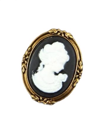 Broche - vintage frue (sort baggrund) i gylden ramme