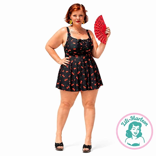 Cherry Noir – Plus Size Tankini med Kirsebærprint og Skørt