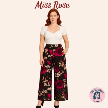 Vintage-inspirerede bukser Miss Rose - med brede ben og blomsterprintt