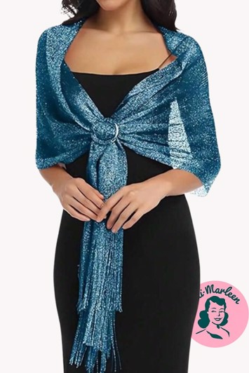 Sjal, metallisk tealblå sjal med glitter - med frynser