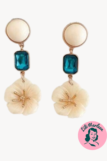 Øreringe - store hængeøreringe med blomster og sten, creme/teal