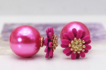 Dobbelt perleøreringe med blomst, pink