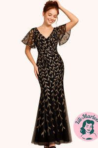 Lang gallakjole - Faith, sort lang tætsiddende kjole med guld blade