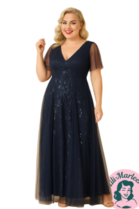 Lang gallakjole - Evita, navyblå - Smuk festkjole med blade og pailletter