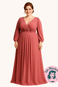 Lang gallakjole - Chatrine, mørk koral - Skøn lang gallakjole/festkjole med et lille ærme