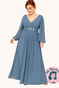 Lang gallakjole - Chatrine, støvet blå - Skøn lang gallakjole/festkjole med et lille ærme