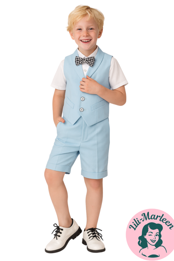 Børne jakkesæt: Evan - Lyseblå - jakkesæt med shorts i 4 dele 