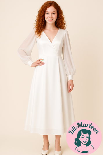 Konfirmations kjole -  Leonora - sød enkelt hvid kjole med ærmer