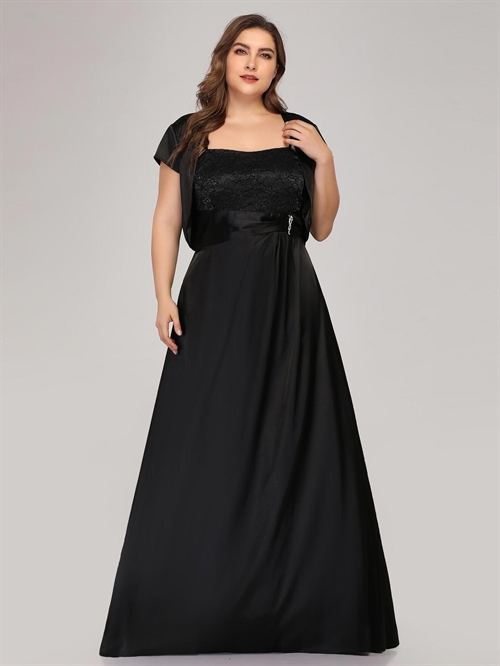 Lang gallakjole - Jeanne - smuk sort kjole med blonde på overdelen og bolerojakke