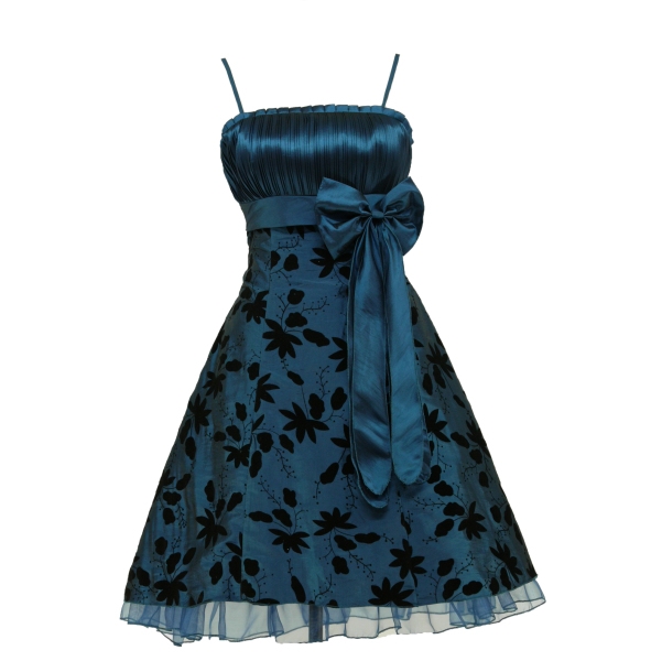 Cafe Til ære for Hick Kort festkjole - Faye - smuk blå kort festkjole med empire snit og blomster