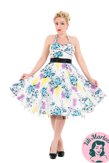 50ér kjole/swingkjole - Blue Butterflies - Sød halterneck kjole med sommerfugle