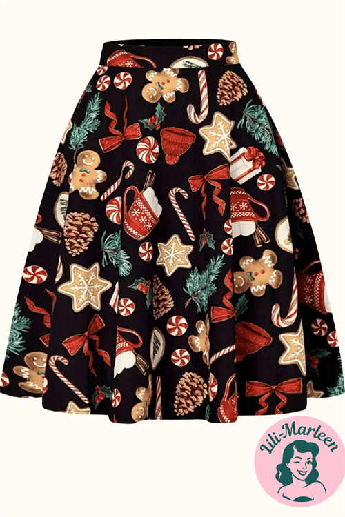 Juleskirt – “Gingerbread Delight” – Sort 50’er-inspireret swingnederdel med juleprint