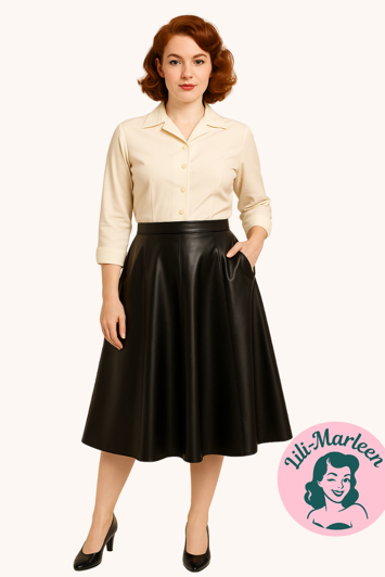 Swingnederdel - Miss Cassidy, sort - kunstlædernederdel med lommer