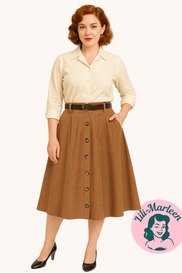 Miss Velvet Brown – blød Ruskin swingnederdel med Knapper