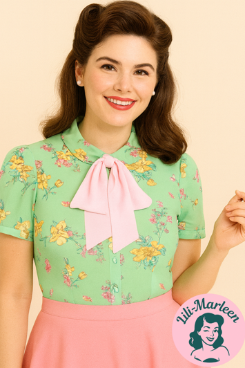 Romantisk Skjorte: ADELINA - skøn lysegrøn skjote med lyserød sløjfe