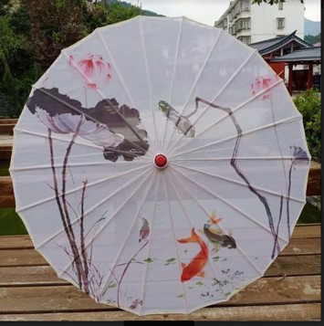Solparaply/ parasol - hvid med japansk tema