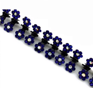 Små hårklemmer med blomster, blå - glitrende sten 12 stk.